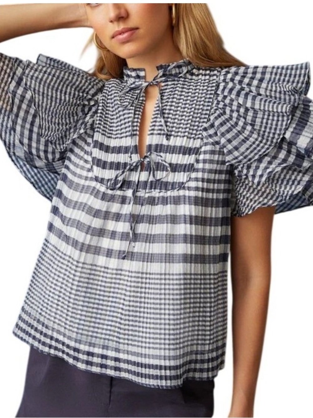 Marie Oliver Blue and White Checked Tie-Neck Flutter Sleeve Top size L